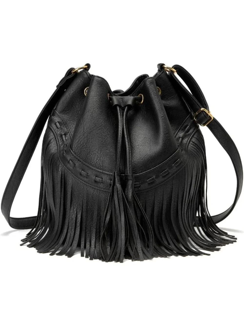 Stylish Leather Bucket Bag for Women - Crossbody Fringe Purse with Tassels